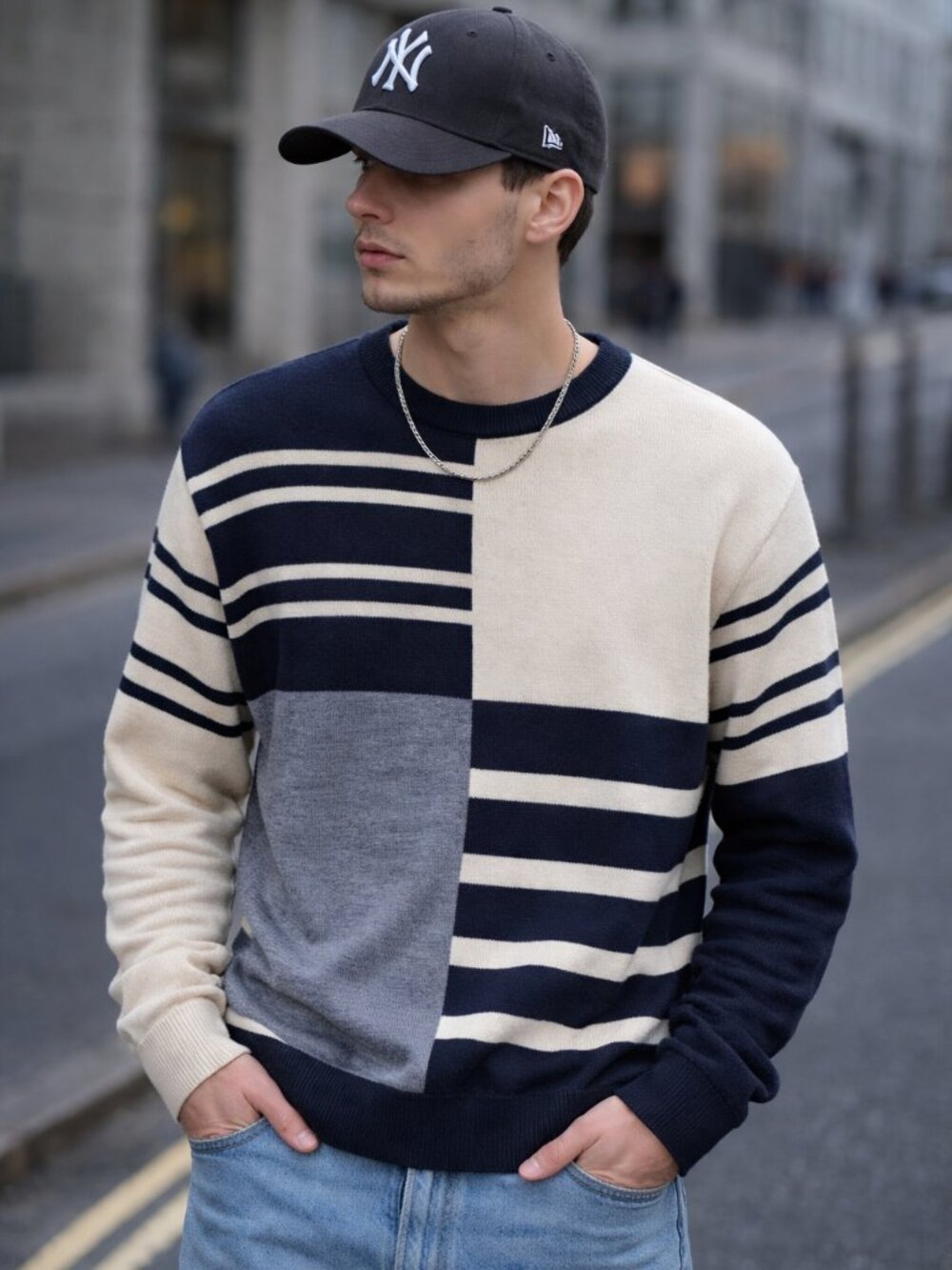 Impulso Merino Wool Sweater Mens Size M Made In Italy Navy Cream Colorblock Knit